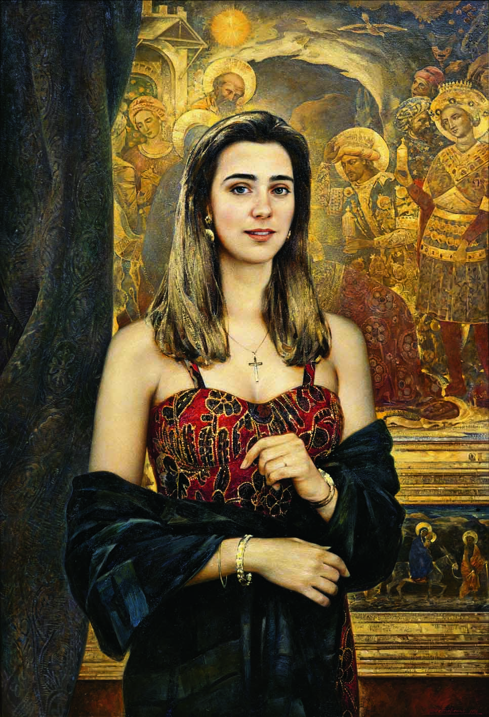 Женский портрет на фоне старинной живописи