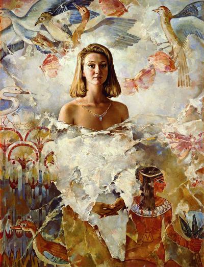 Young Woman with Lotuses and Birds